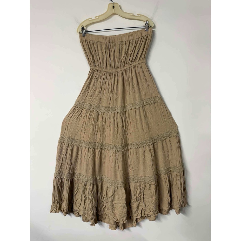 Justily Womens L Tan Maxi Dress Strapless Tiered Crochet Lace Boho Tube Dress